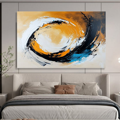 “Dynamic Swirl in Orange, Black, White, and Blue” - Orange, black, white, blue; Abstract swirling brushstrokes; Acrylic Painting On Canvas HB1232