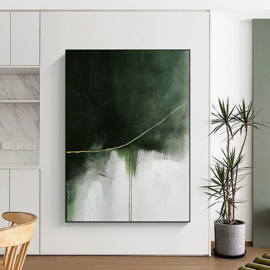 Contemporary abstract painting featuring a striking yellow line on a textured white and green background enhancing depth and visual impact. DLZ0847