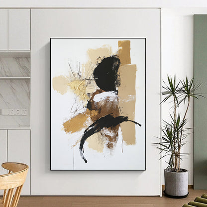 Contemporary abstract painting features a white background with a beige and black palette accented in gold utilizing dry brush technique and textured strokes. DLZ0432