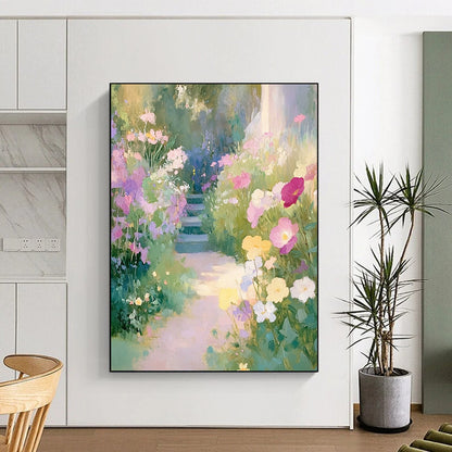Contemporary hand-painted abstract art featuring an English garden with pastel wildflowers and a winding path leading to lush greenery. DLZ1502