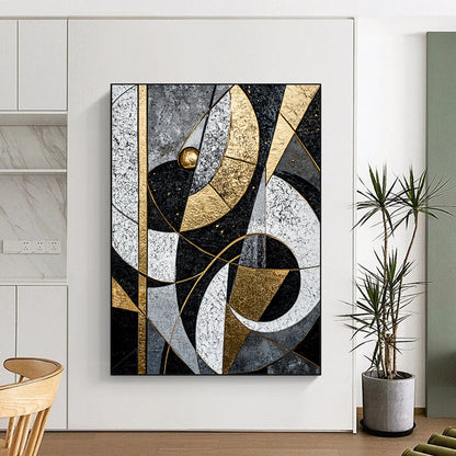Black, White, Gray, Gold, Interlocking Arcs "Celestial Puzzle" Abstract Cosmic - Inspired Painting On Canvas HB075