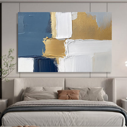 Blue, White, and Gold Geometric Abstract - Modernist Painting On Canvas HB0501