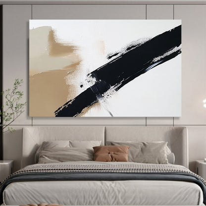 “Beige - Black Diagonal Brushstroke” - Beige, Black, Dynamic Stroke Painting On Canvas HB0802