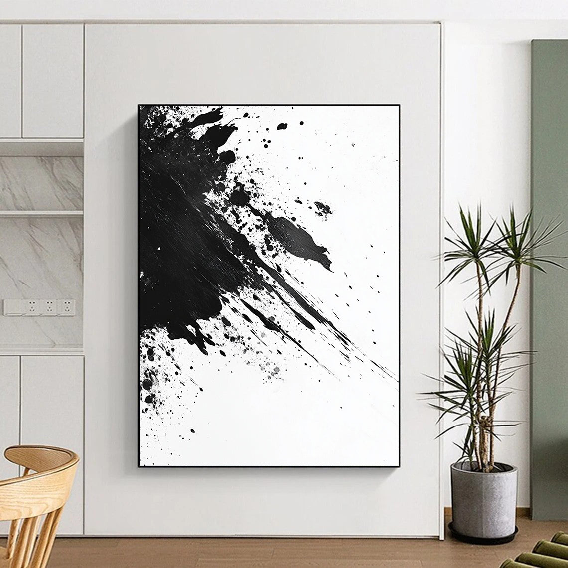Black and White Energetic Splatter "Dynamic Impact" Painting On Canvas HB300