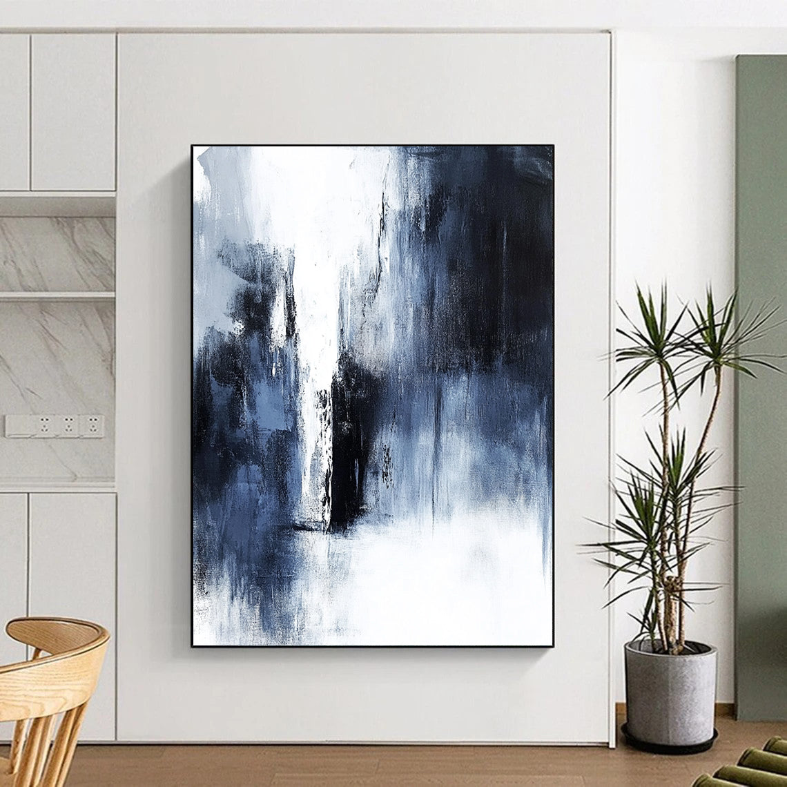Contemporary abstract painting features dark gray and white tones, minimalist style, heavy textures, and emotional depth, showcasing a distant waterfall. DLZ0704
