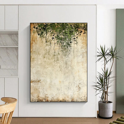 Contemporary hand-painted abstract backdrop features textured light beige and moss green with delicate dark flowers creating a unique artistic atmosphere. DLZ1722
