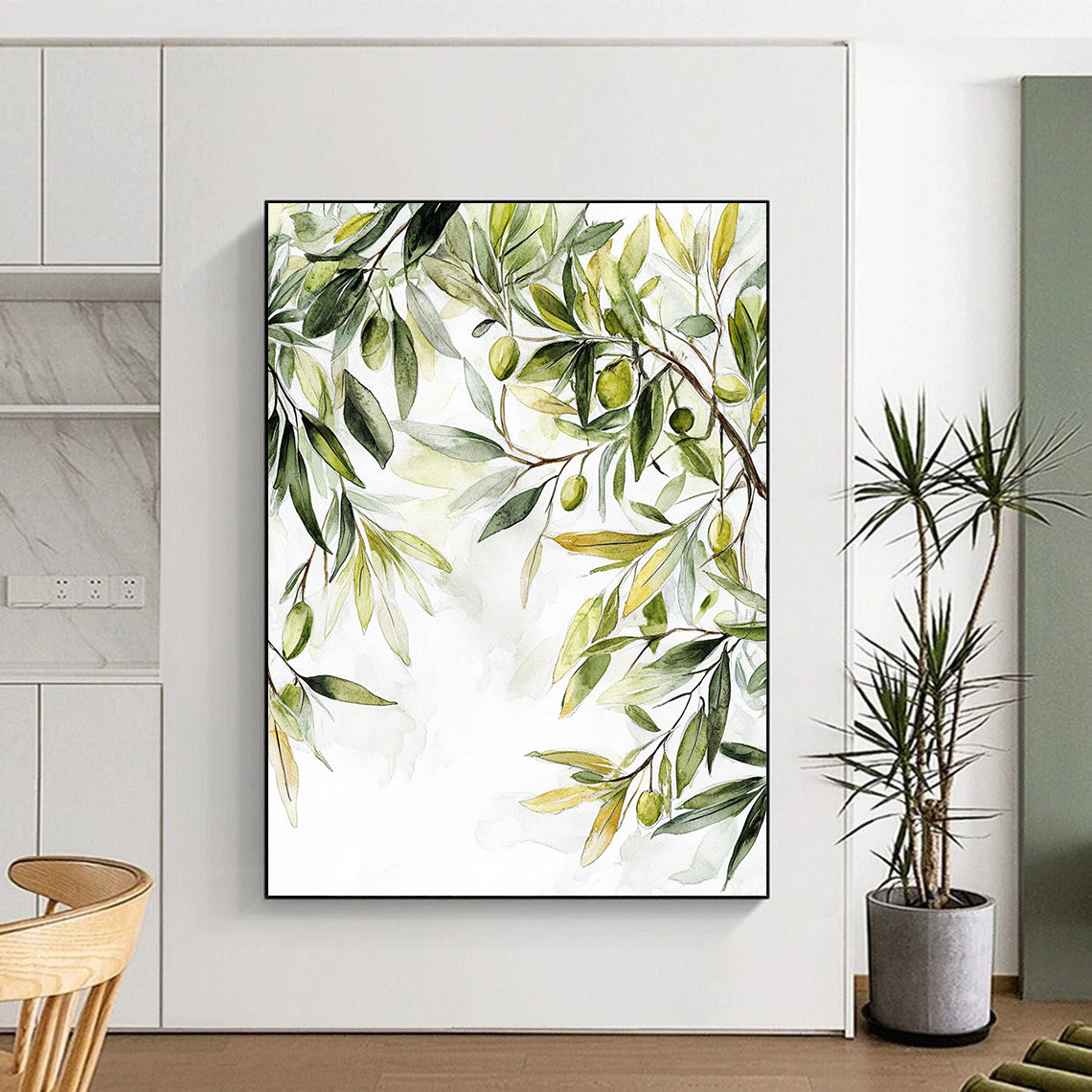 Contemporary abstract painting featuring olive tree leaves in muted colors with soft organic forms and white space highlighting nature's tranquility. DLZ1728