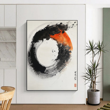 Black, White, Orange, Gray, Textured Circle "Fiery Enso" Abstract Expressionist Painting On Canvas HB106