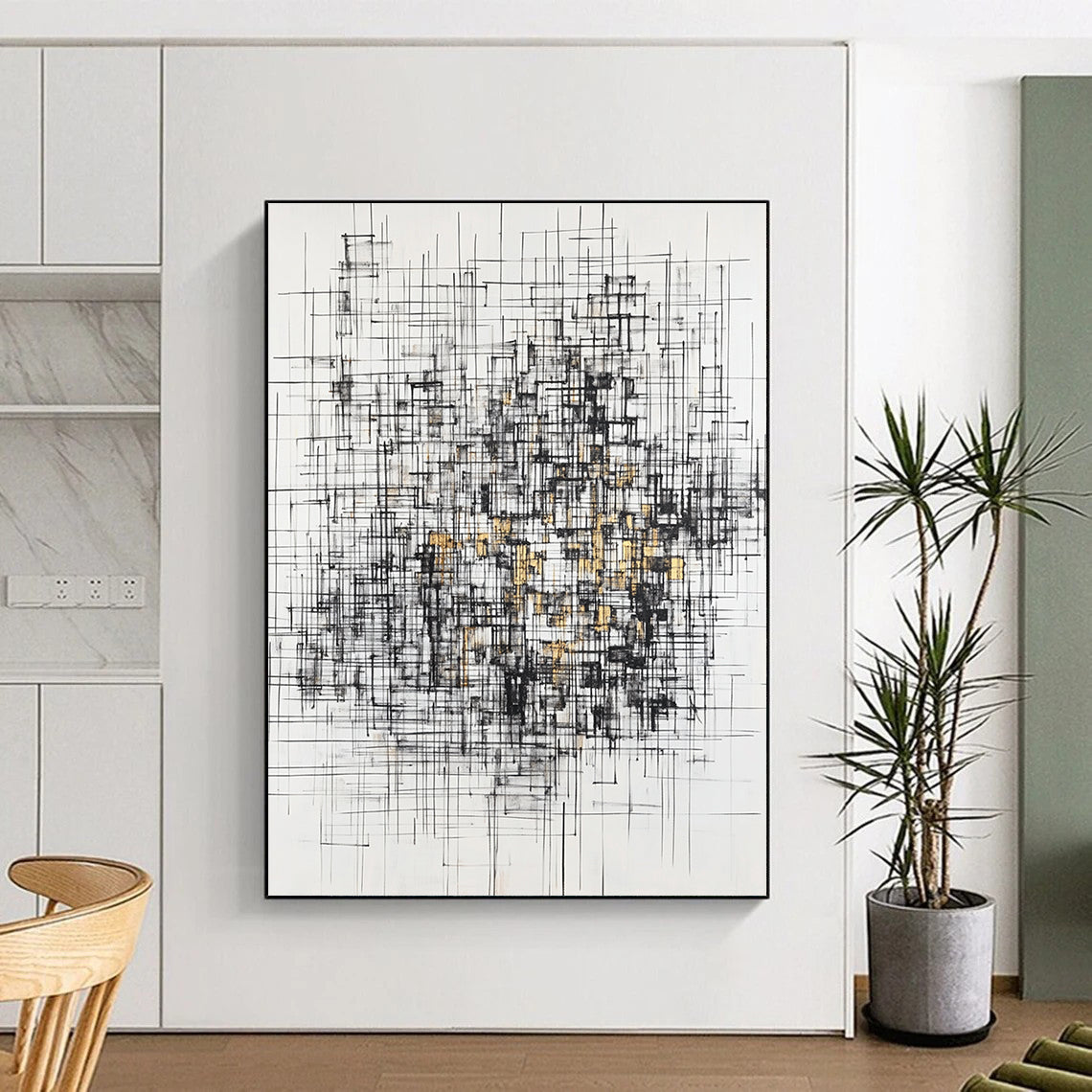 Black, White, Gray, Gold, Interwoven Lines "Gilded Urban Tapestry" Abstract Expressionist Painting On Canvas HB131