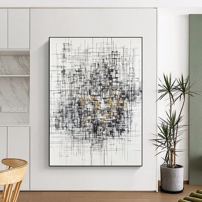 Black, White, Gray, Gold, Interwoven Lines "Gilded Urban Tapestry" Abstract Expressionist Painting On Canvas HB131