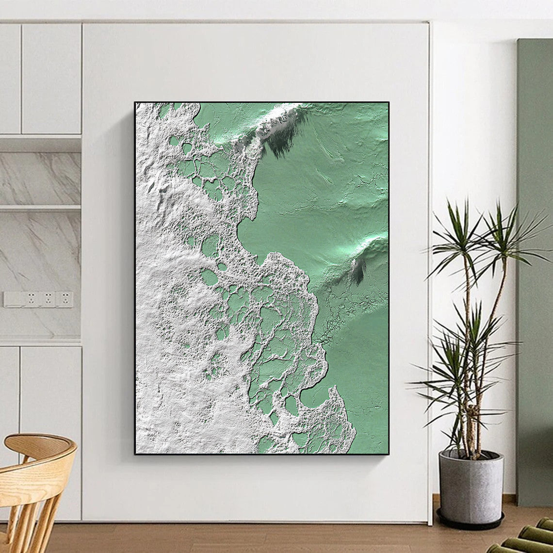 Contemporary abstract artwork inspired by vibrant waves in green and white featuring intricate textures that evoke the essence of coastal life. DLZ1228