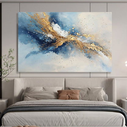 “Dynamic Gold - Blue - Gray Abstract Splash” - Gold, Blue, Gray, White, Energetic Splashes Painting On Canvas HB0824