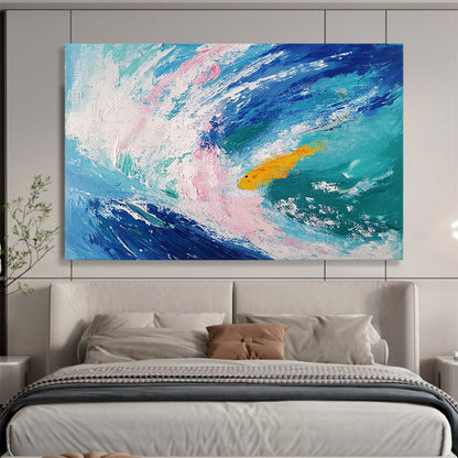 “Playful Fish in Colorful Waves” - Blue, pink, yellow; Abstract fish in waves; Expressive Acrylic Painting On Canvas HB1190