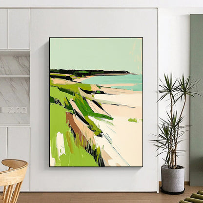 Contemporary abstract painting featuring New England coast with vibrant green grasses and serene white sandy beaches. Perfect for any modern space. DLZ0652
