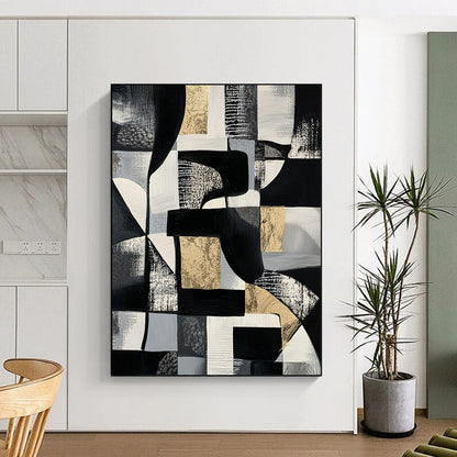Black, White, Gray and Gold Abstract Composition "Monochrome Luxury" Painting On Canvas HB340