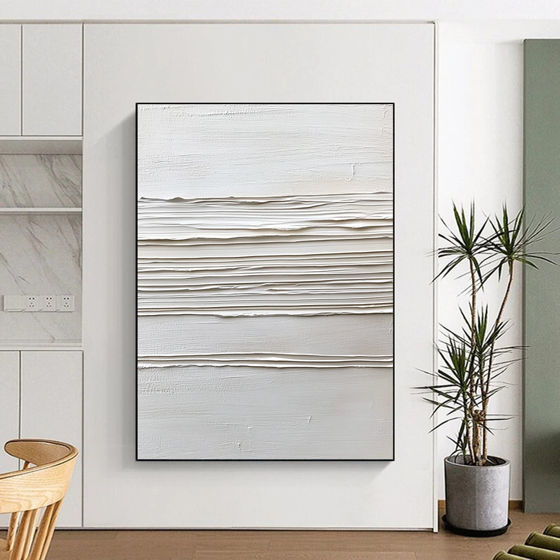 Contemporary abstract artwork featuring a white background with textured cream lines, celebrating minimalist style and dynamic brushstrokes in thick impasto. DLZ1738