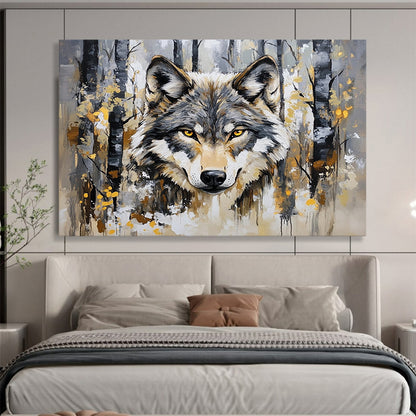 “Wolf in Forest” - Gray, brown, yellow, Realistic Animal Painting HB0636