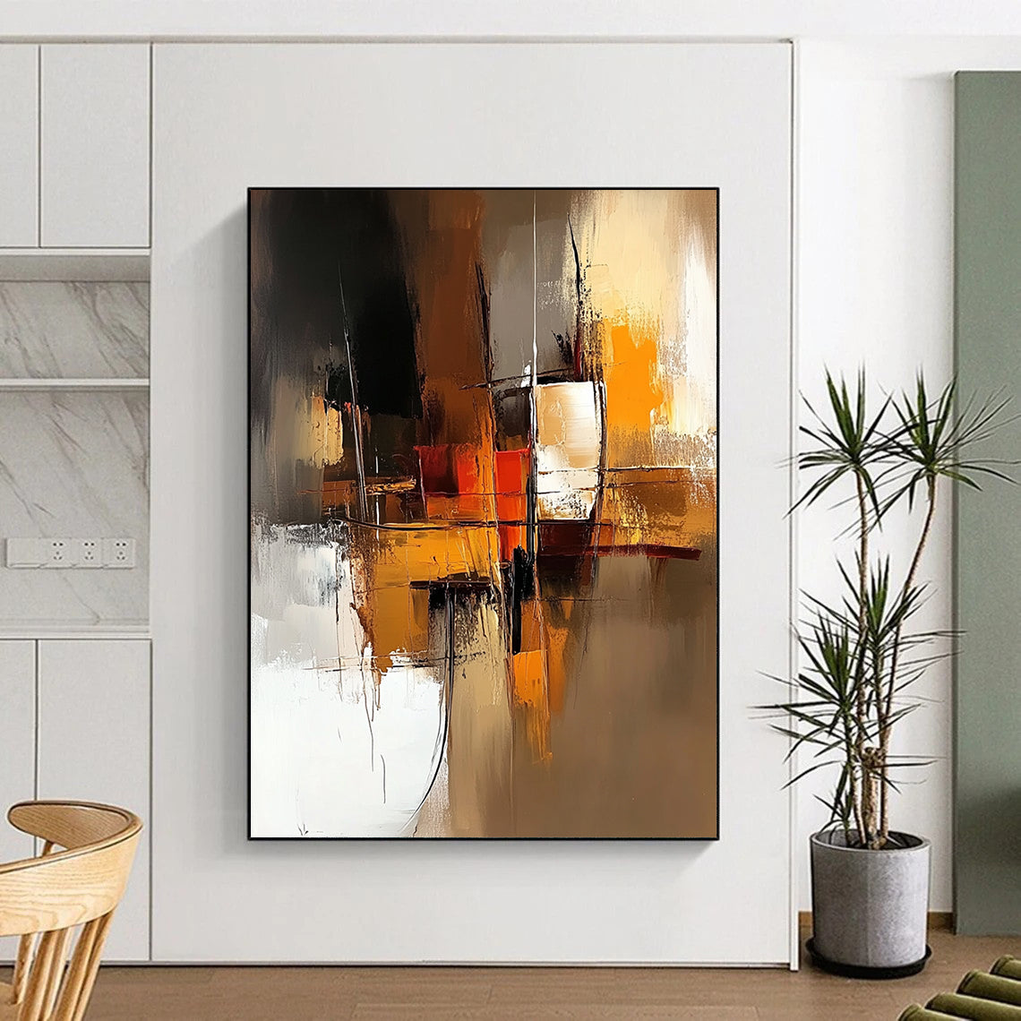 Contemporary abstract art features a warm brown and amber palette with smooth brush strokes and a minimalistic composition highlighted by a dynamic golden ratio design. DLZ0954