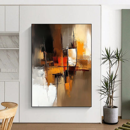 Contemporary abstract art features a warm brown and amber palette with smooth brush strokes and a minimalistic composition highlighted by a dynamic golden ratio design. DLZ0954