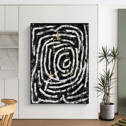 Black, White, Gold and Gray Spiral Maze "Endless Journey" Painting On Canvas HB344