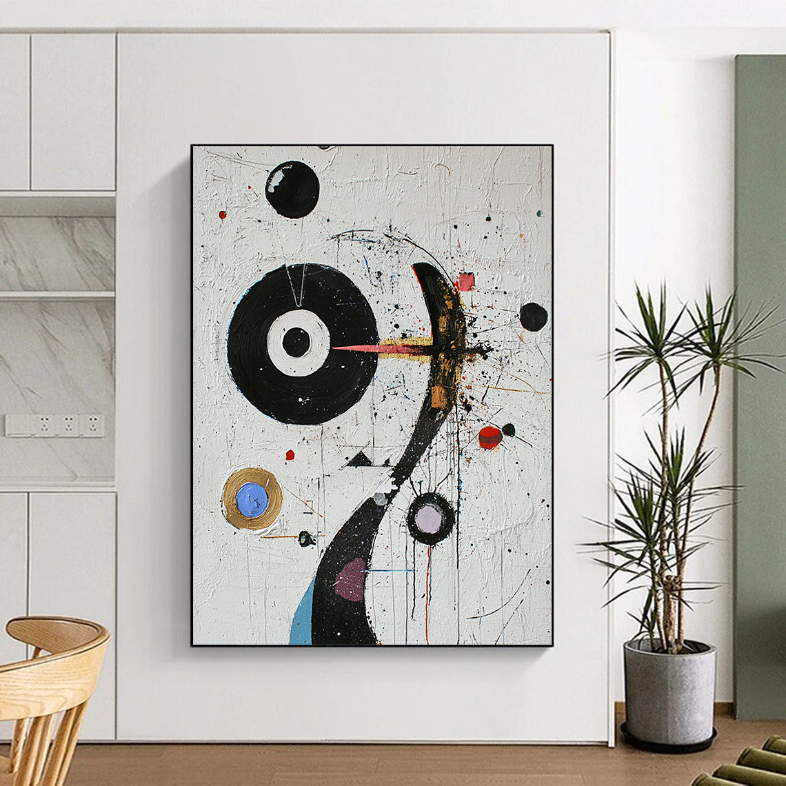 White, Black, Colorful Circles "Cosmic Carnival" Abstract Modernist Painting On Canvas HB087
