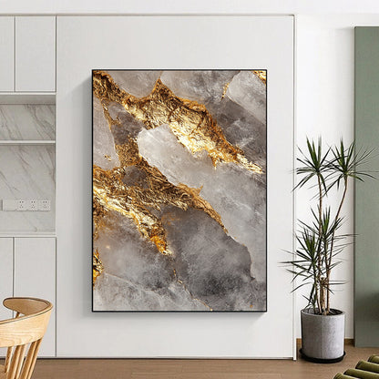 Clear Crystal, Gold Veins, Geometric Shapes "Elegant Fusion" Abstract Geode - Inspired Painting On Canvas HB041