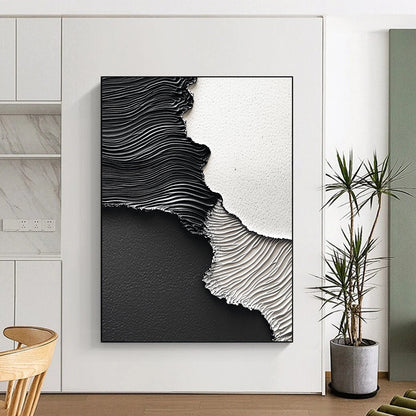 Contemporary hand-painted abstract art featuring dynamic black paint waves on textured paper showcasing intricate details and high-resolution depth. DLZ1538