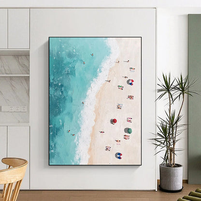 Contemporary abstract painting featuring an aerial beach view with vibrant figures soft brush strokes and pastel tones inspired by Jean-Michel Basquiat. DLZ1402