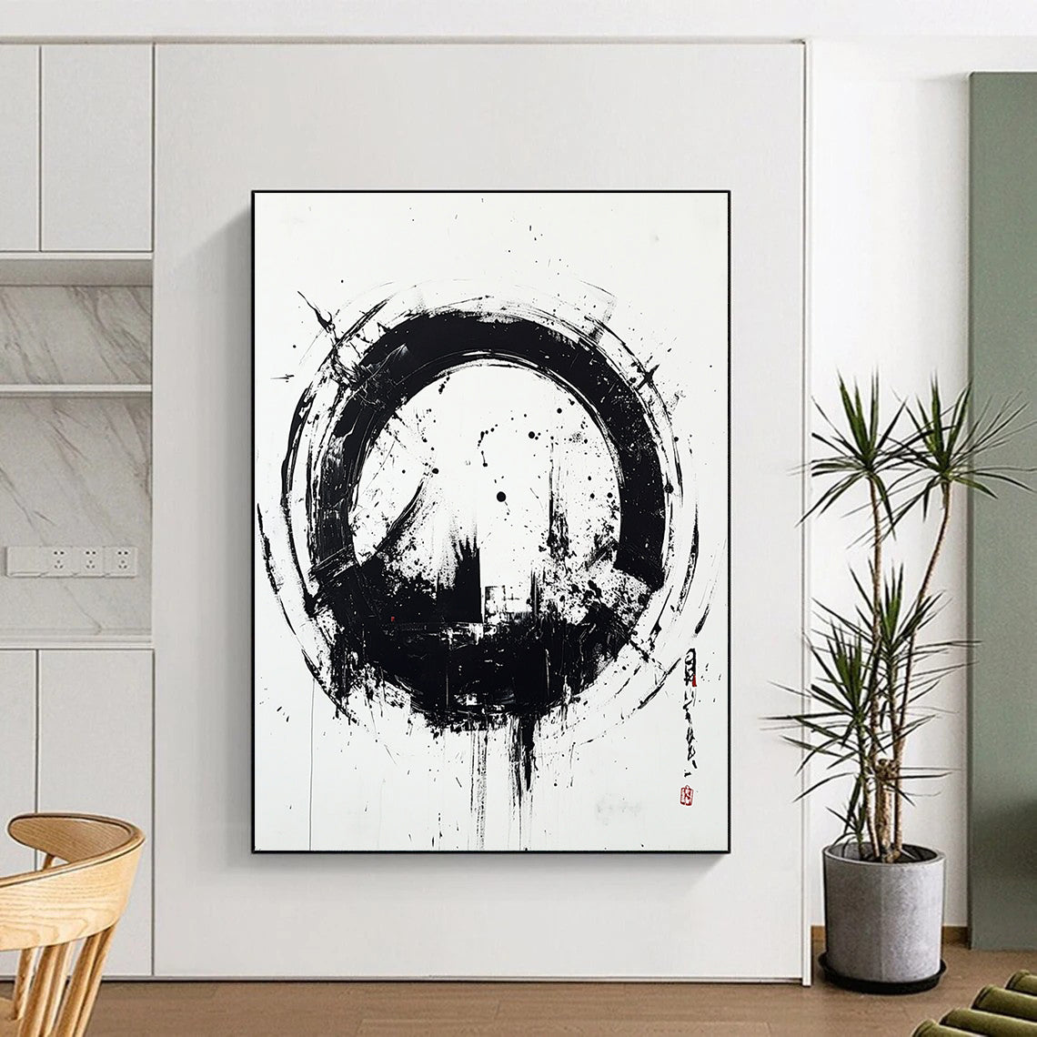 Black and White Circular Ink "Zen Circle" Painting On Canvas HB252