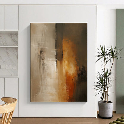 Contemporary abstract painting with soft beige and grey tones features tall vertical elements, blurred edges, and a textured surface against a dark gray wall. DLZ0560