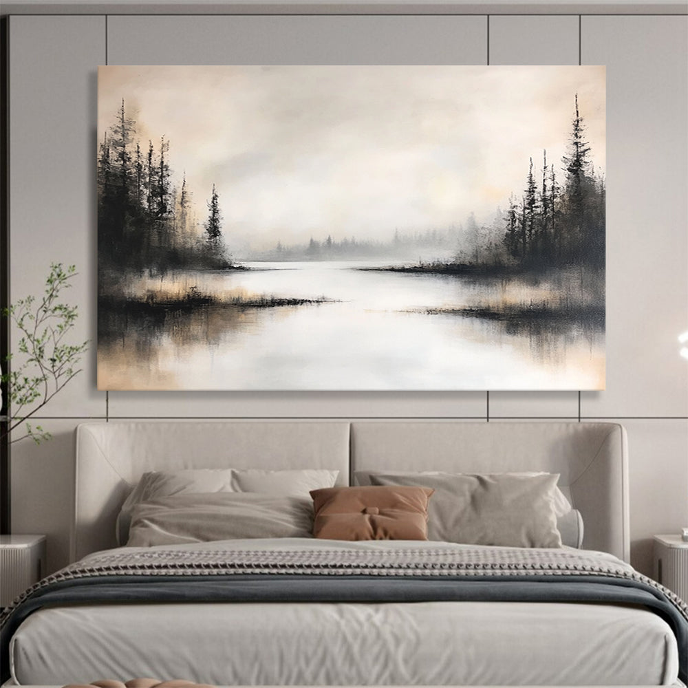 “Foggy Forest Lake” - Black, White, Gray, Silhouetted Trees and Misty Water Painting On Canvas HB0918