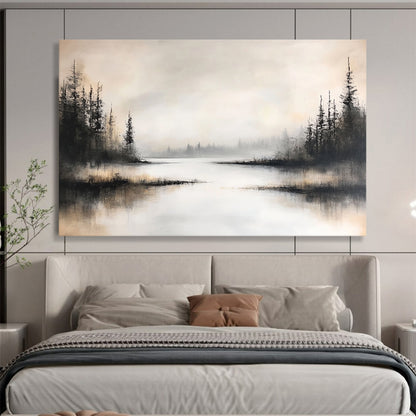 “Foggy Forest Lake” - Black, White, Gray, Silhouetted Trees and Misty Water Painting On Canvas HB0918