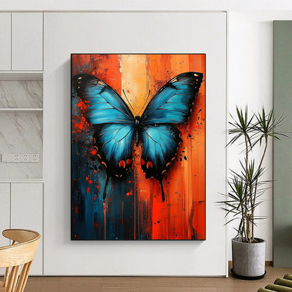 Contemporary abstract art features a blue butterfly on a vibrant red and orange textured background, capturing urban energy through dynamic oil paint strokes. DLZ1155