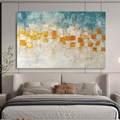 “Golden Squares” - Blue, Gold, White, Abstract Geometric Squares Painting On Canvas HB1048