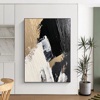 Black, White, Gold, Brush Strokes "Gilded Impasto Energy" Abstract Expressionist Painting On Canvas HB167