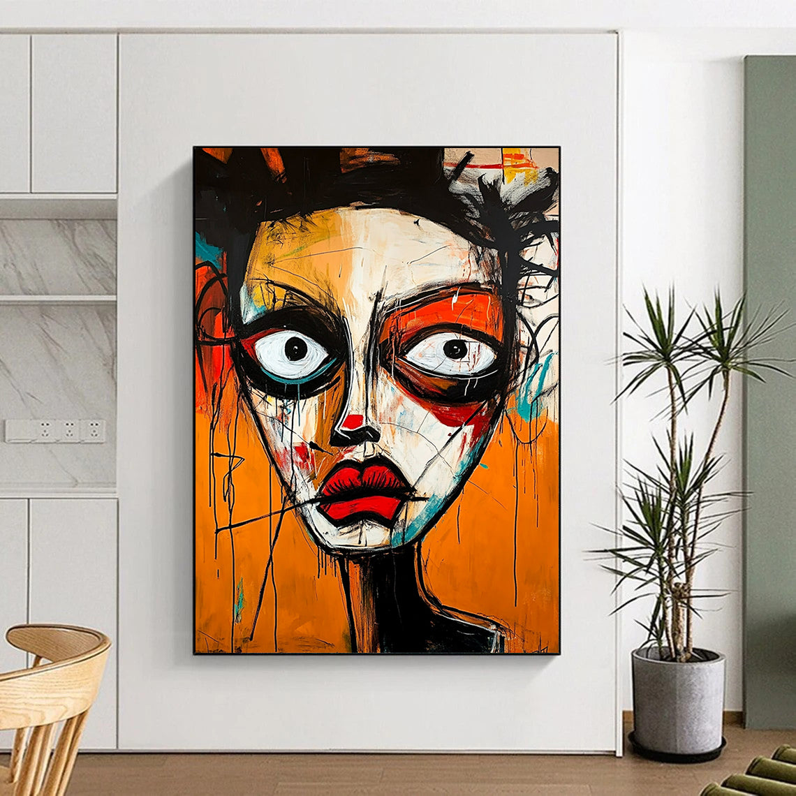 Contemporary hand-painted abstract artwork showcasing a vibrant face with strong emotions using dynamic shapes and expressive brush strokes in Basquiat style. DLZ1647