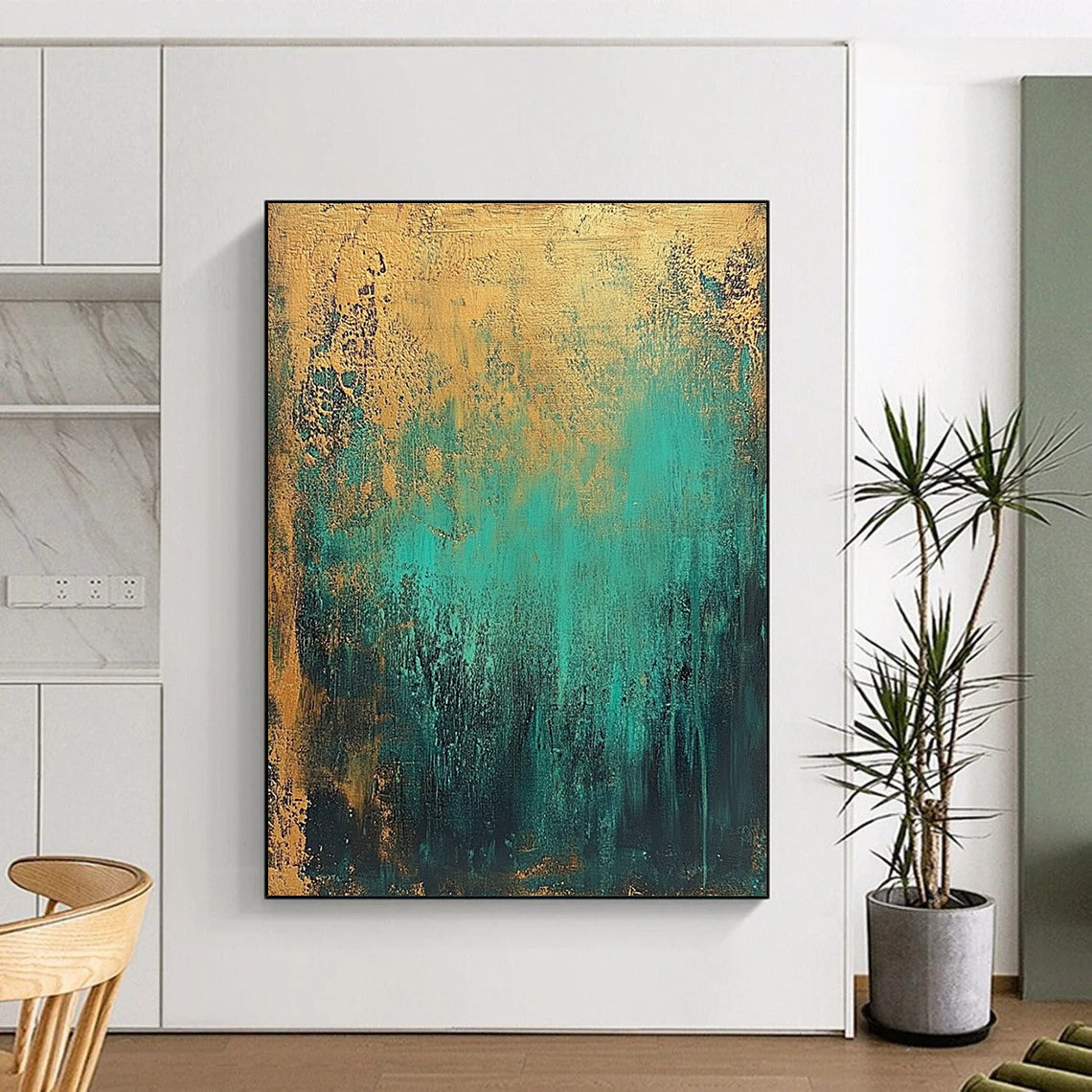Contemporary hand-painted abstract artwork featuring textured teal and gold tones creates an atmospheric dreamlike effect with depth and elegance. DLZ1066