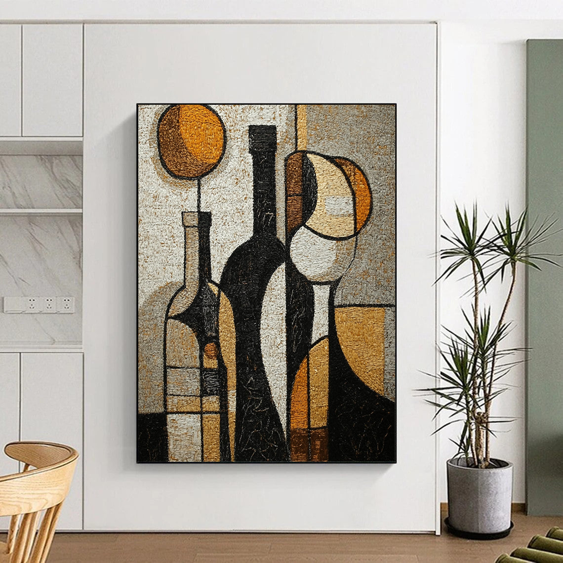 Contemporary hand-painted abstract artwork featuring textured wine bottles and glasses in rich tones of black brown white beige grey and gold. DLZ1427