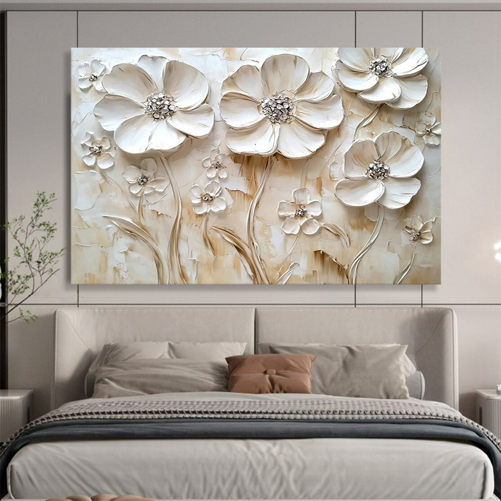 Cream - Colored Floral Relief - Subtle Textured Flower Painting On Canvas HB0430
