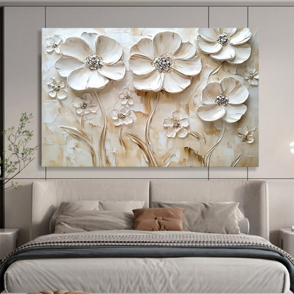 Cream - Colored Floral Relief - Subtle Textured Flower Painting On Canvas HB0430