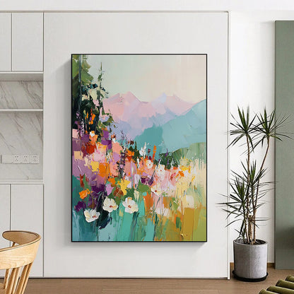Vibrant contemporary abstract painting with thick brushstrokes depicting colorful wildflowers mountains and a dramatic sky in rich hues. DLZ0418
