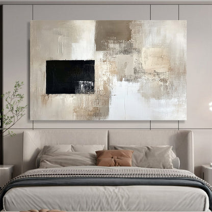 “Subtle Neutrals with a Bold Black Square” - Beige, gray, white, black; Abstract neutral blocks with a black square; Oil Painting On Canvas HB1227