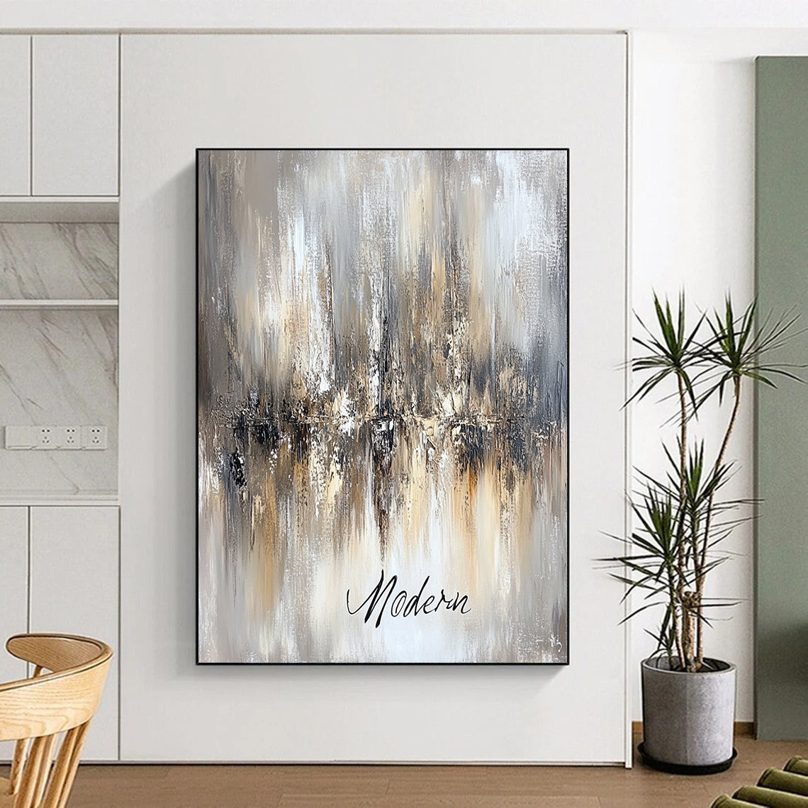 Contemporary abstract artwork featuring an ethereal chandelier in beige and grey tones with "Modern" in cursive on a canvas-textured background. DLZ0457