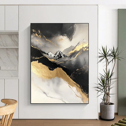 Contemporary abstract painting featuring a snowy mountain design with black and gold marble texture and grey accents on a white background. DLZ0272