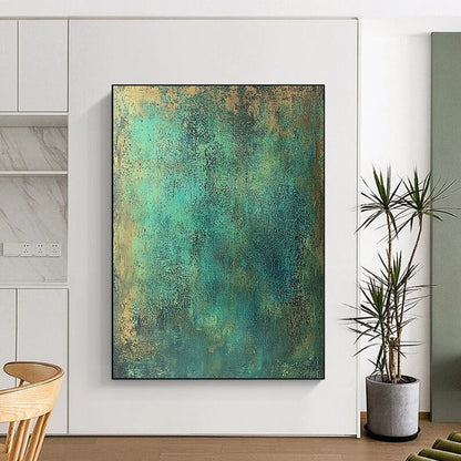 Large contemporary abstract painting featuring textured green metal tones with blue-green and brown speckles evoking strength and history reminiscent of ancient copper armor. DLZ1164