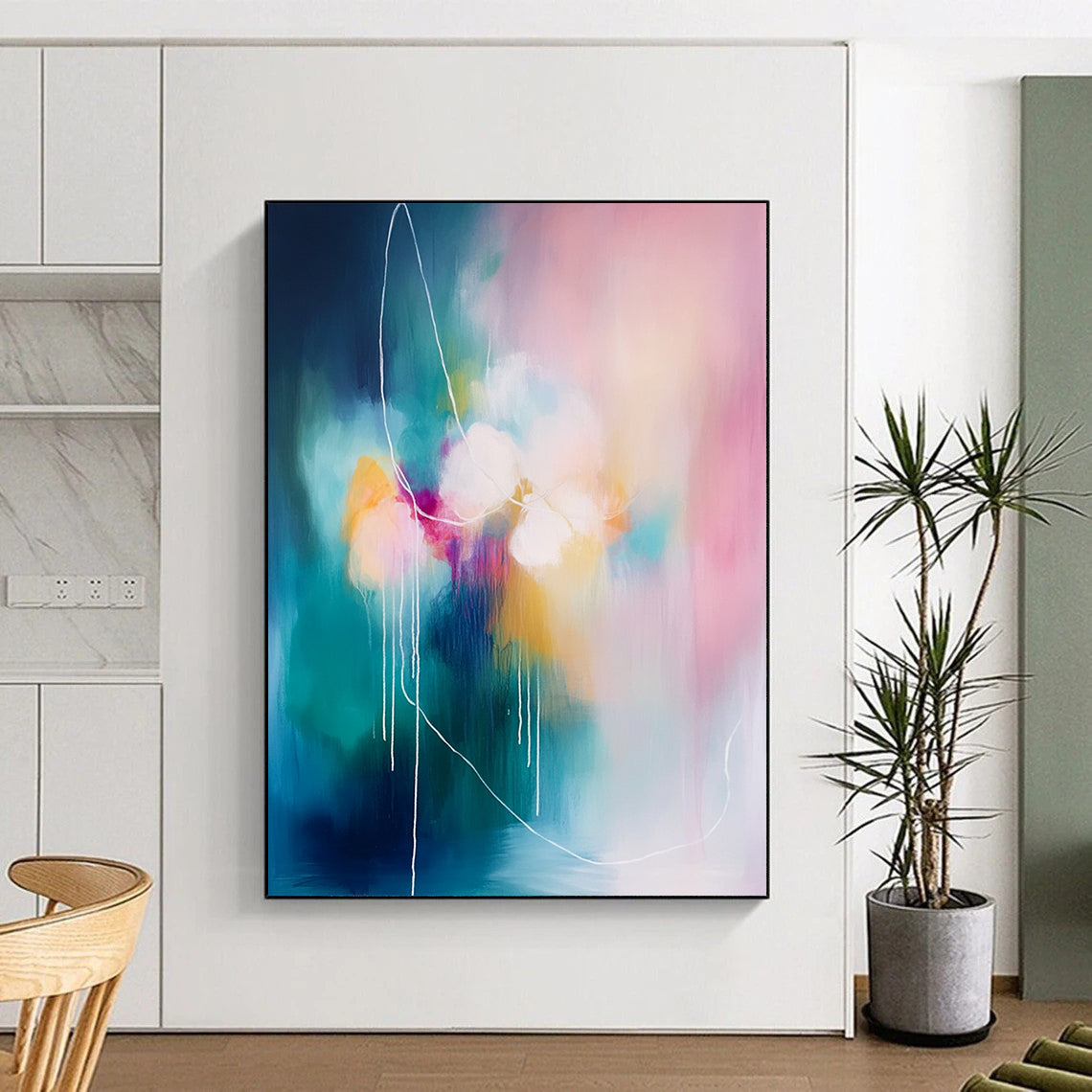 Contemporary abstract painting with soft pink and blue tones, large brush strokes, and white rope-like lines, emphasizing a connection to nature. DLZ1064