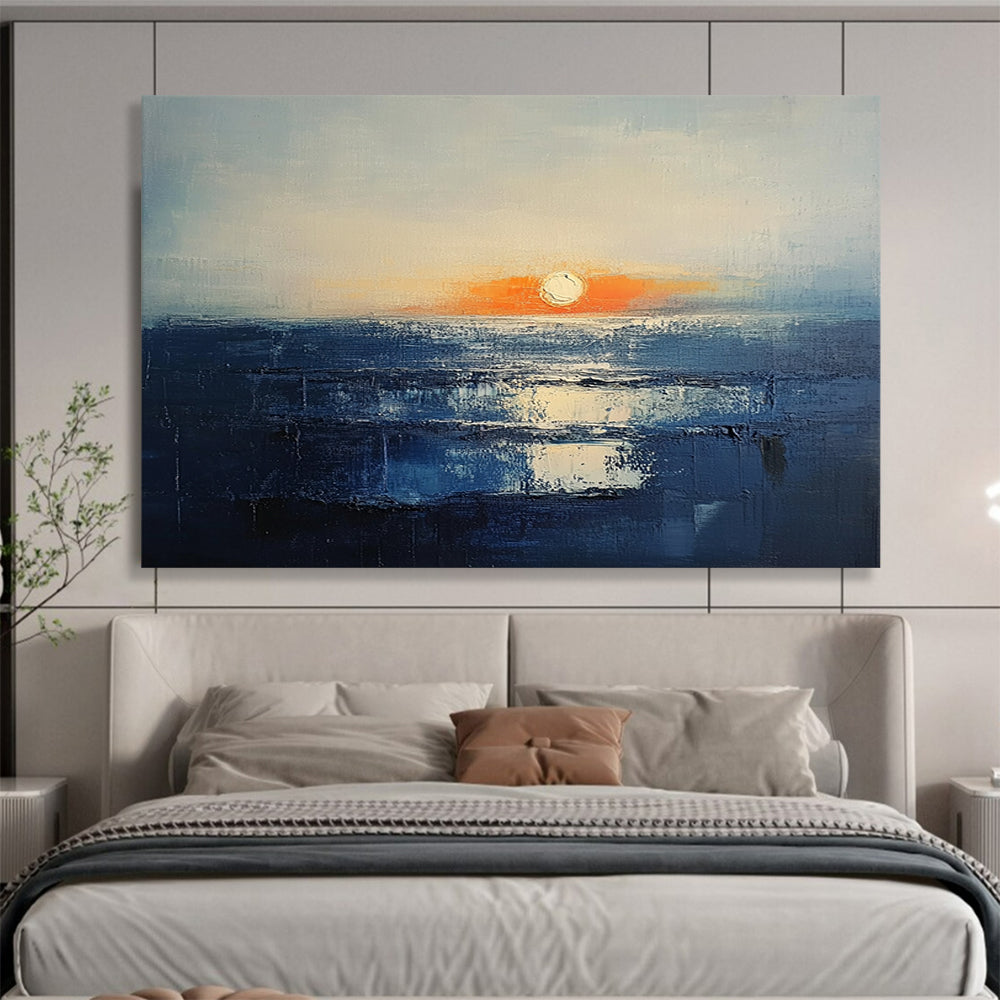 “Sunset Over the Sea” - Blue, Orange, White, Abstract Seascape Painting On Canvas HB1010