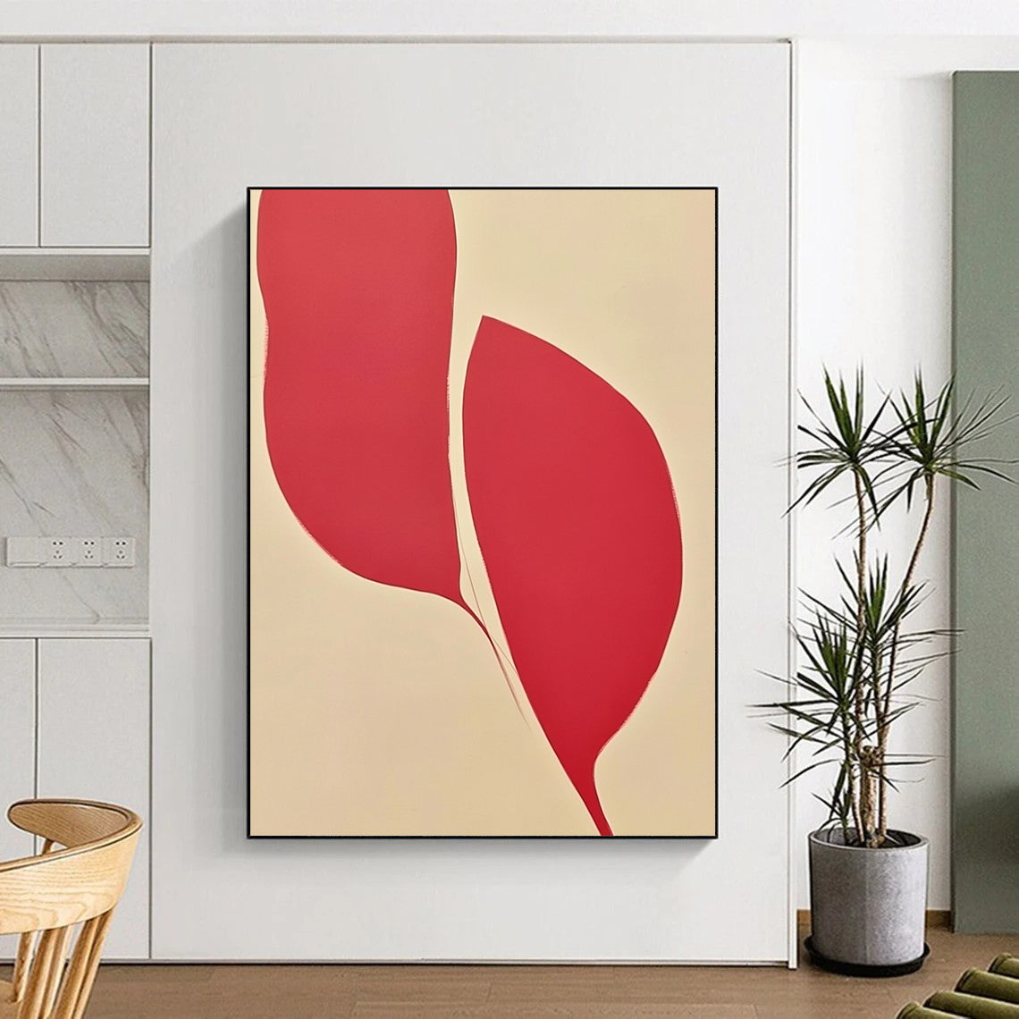 Contemporary abstract art featuring a symmetrical design with two petal-like shapes in red and pink against a white background, showcasing elegant curves and vibrant colors. DLZ1450
