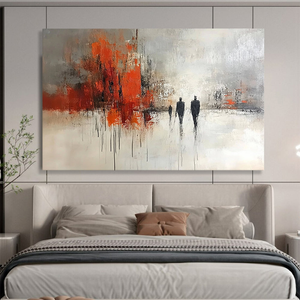 “Urban Stroll” - Gray, Orange, Black, Abstract Figures in Cityscape Painting On Canvas HB1052