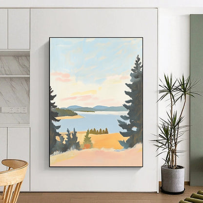Contemporary minimalist landscape art featuring muted pastels of Lake St. Paul in Oregon on antique white paper, evoking serene beauty and tranquil views. DLZ1575